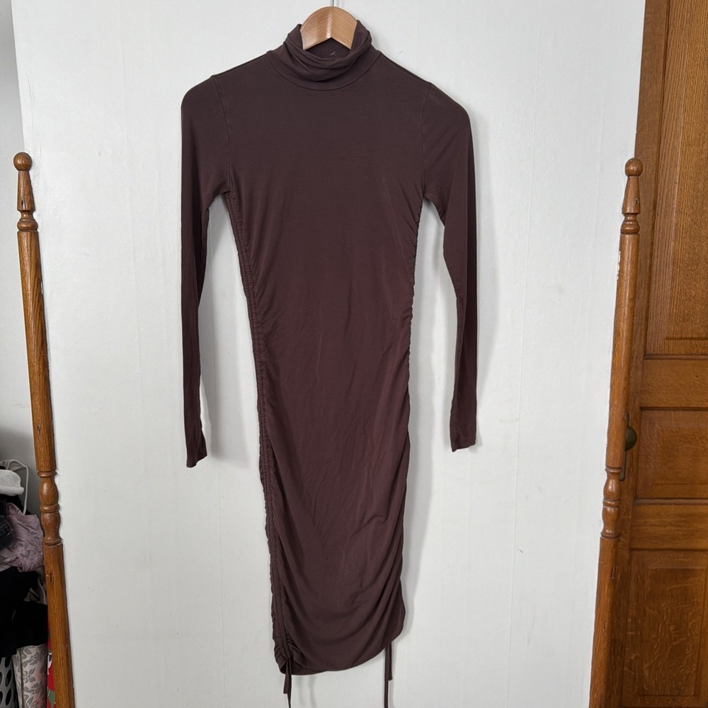 Y2K Style Forever 21 Chocolate Coco Brown Long Fitted Dress: Rouched Turtleneck